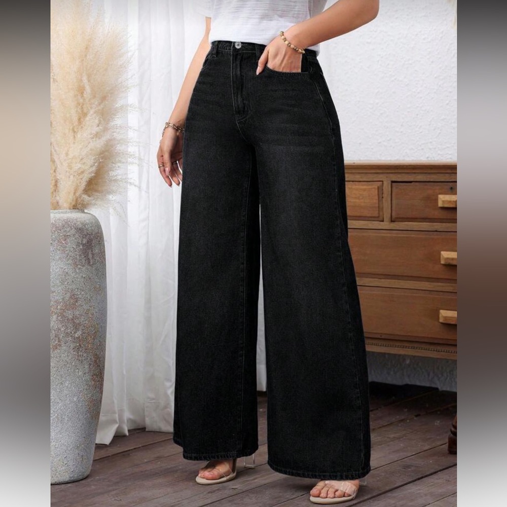 Women's Black Denim Wide-Leg Pants Jeans - Picture 7 of 7